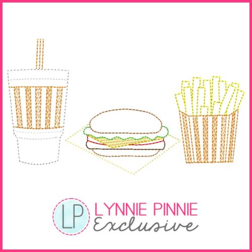 Cheeseburger Combo Meal Vintage Style Sketch Stitch Machine Embroidery Design File 4x4 5x7 6x10