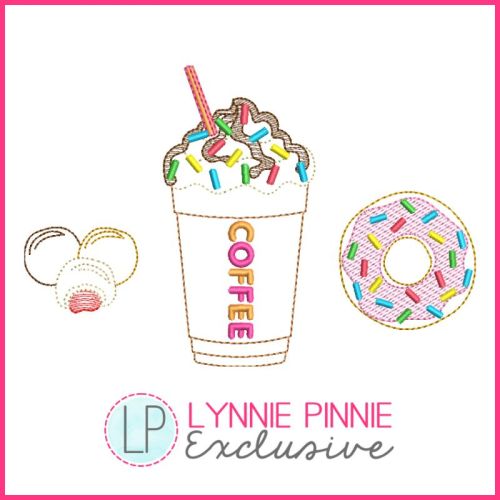 Frozen Coffee with Donuts Vintage Style Sketch Stitch Machine Embroidery Design File 4x4 5x7 6x10