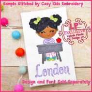 Back to School Desk Girl w/Curly Hair Cutie Bold Blanket Triple Stitch Applique Machine Embroidery Design File 4x4 5x7 6x10