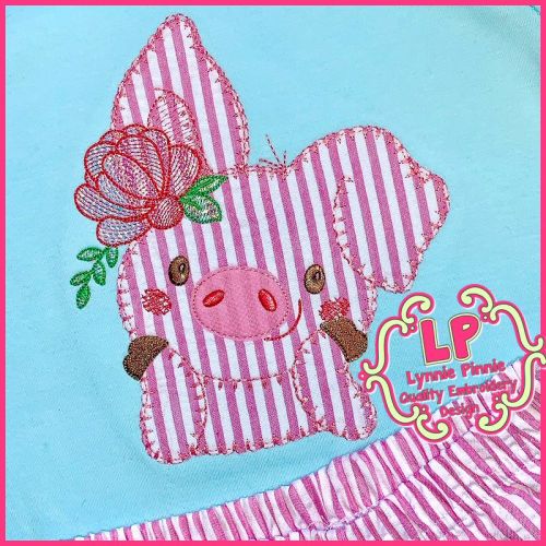 Pig with Flower Bold Blanket Applique (mylar flower) Machine Embroidery Design File 4x4 5x7 6x10