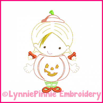 Lil Pumpkin Girl Colorwork Sketch Embroidery Design 4x4 5x7 6x10