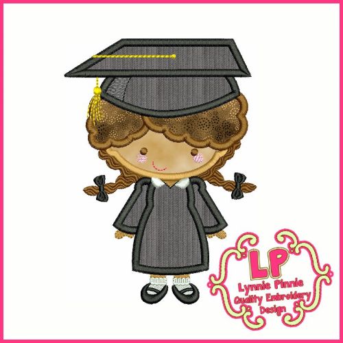Graduation Cutie Girl Curly Hair Satin Stitch Applique Embroidery Design File 4x4 5x7 6x10
