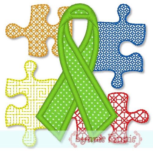 Autism Awareness Ribbon and Puzzle Pieces Applique 4x4